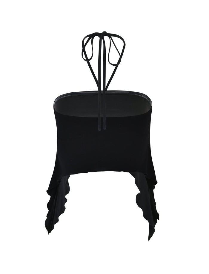 Introducing the INDIA TOP - BLACK from TIGERMIST, a chic black strapless halter top with a tie closure around the neck. This elegant top features a high-low hemline and ruffled edges on both sides, creating a stunning asymmetrical look. The back view showcases the tied straps cascading down gracefully.