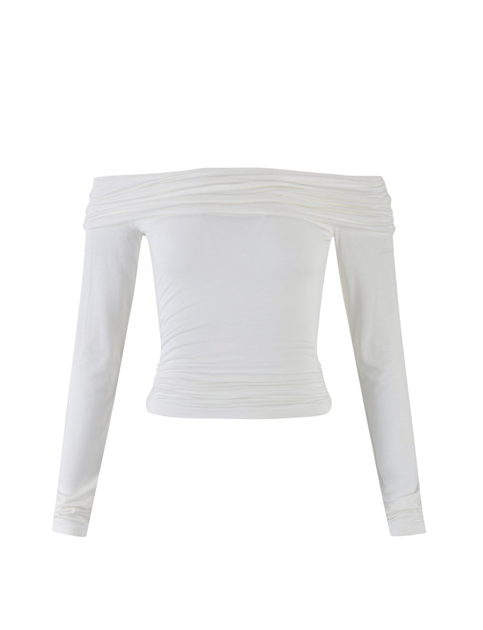 The INDIANA TOP - WHITE by TIGERMIST is an off-the-shoulder, long-sleeve top featuring a ruched design around the neckline and bottom hem for a gathered effect. The soft and stretchy fabric offers a comfortable yet elegant style.