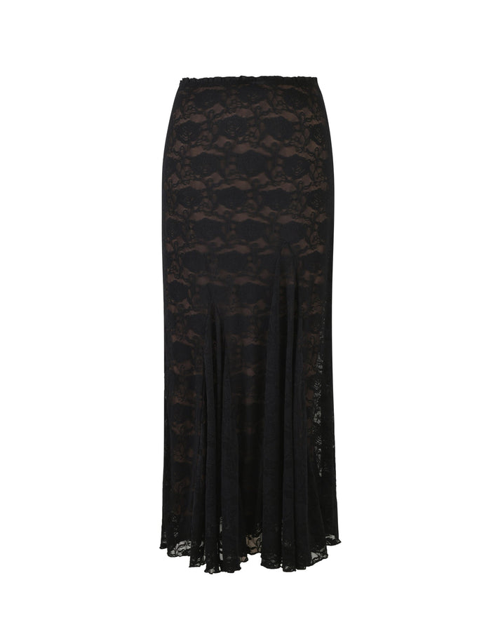 The ISADORA SKIRT - BLACK: LACE from TIGERMIST is showcased against a white background. This black lace midi skirt highlights a fitted waist and flowy, partially sheer fabric with an A-line silhouette. It features a floral lace pattern and has a hemline that reaches below the knees.