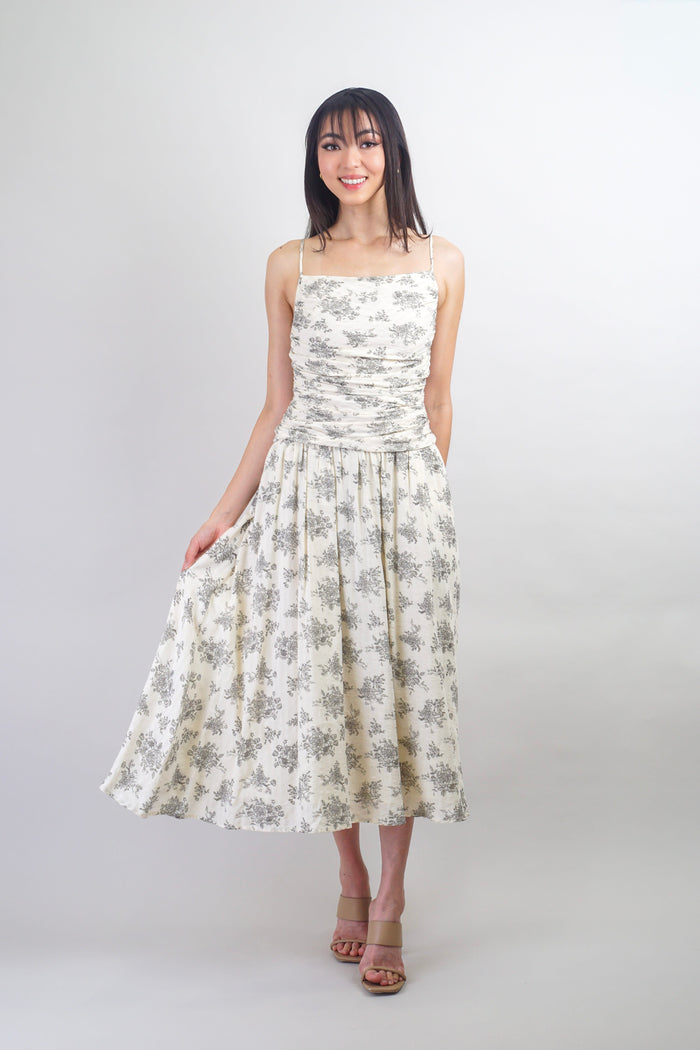 Private Label DRESSES Ivory Black Shirred Floral Midi Dress