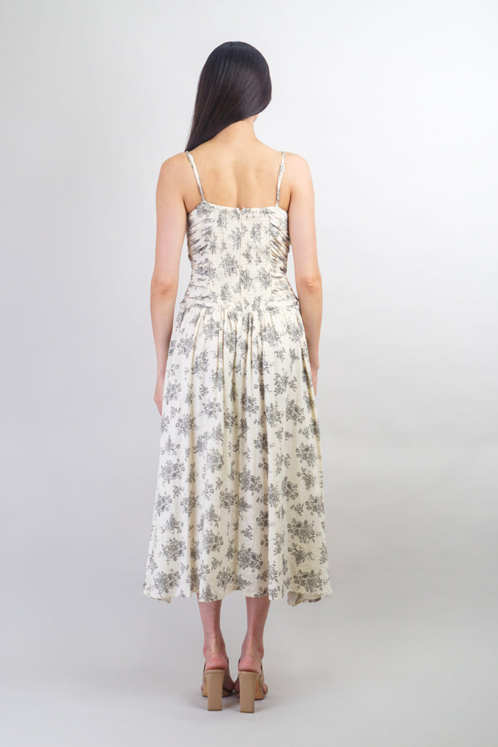 Private Label DRESSES Ivory Black Shirred Floral Midi Dress
