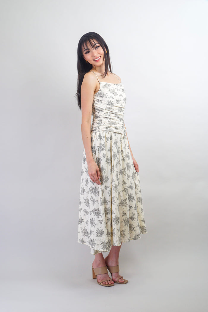 Private Label DRESSES Ivory Black Shirred Floral Midi Dress