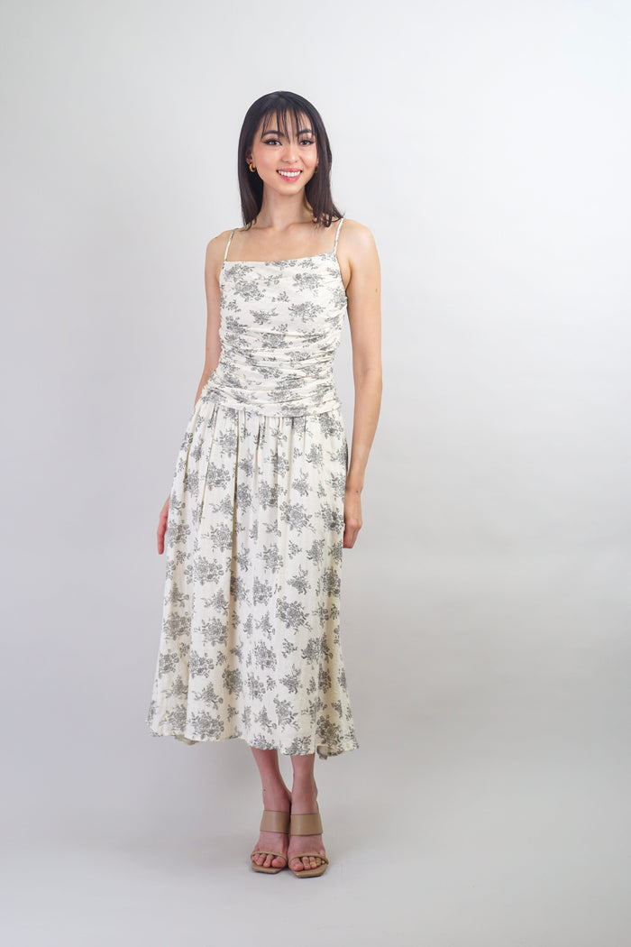 Private Label DRESSES Ivory Black Shirred Floral Midi Dress