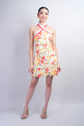 Ivory Coral Stripe Halter Yellow Floral  Guipure Lace  Dress