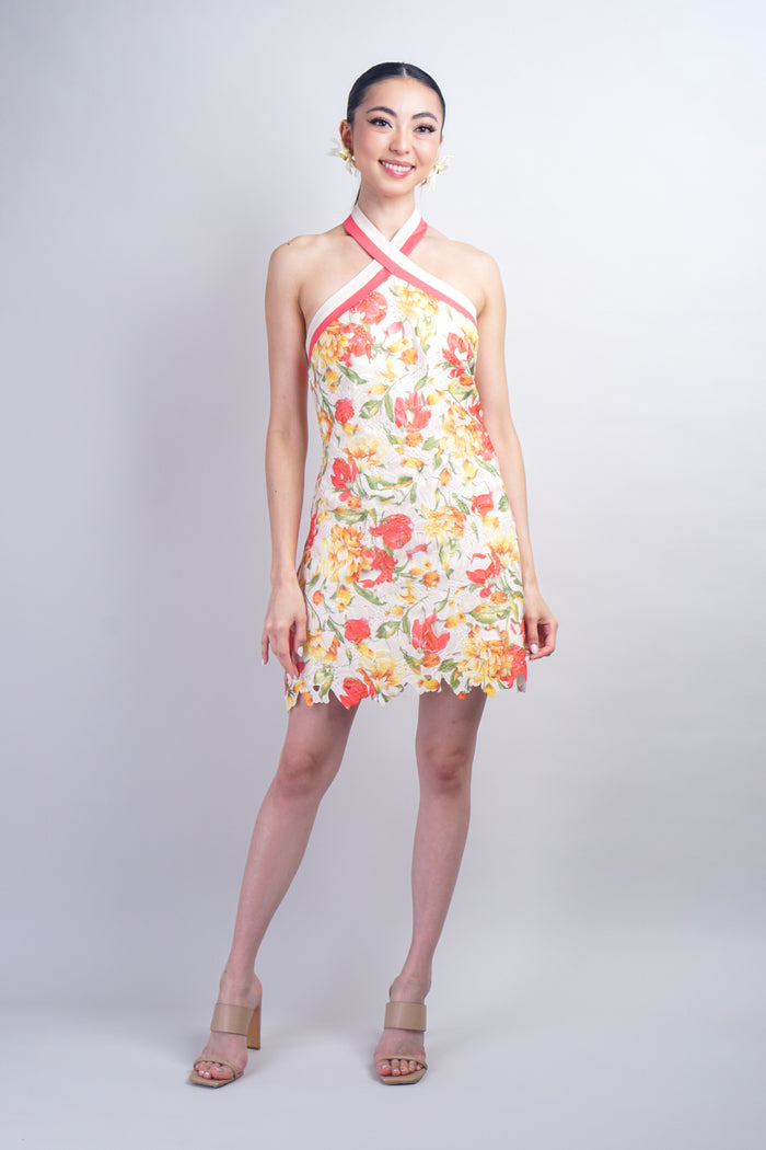 Ivory Coral Stripe Halter Yellow Floral  Guipure Lace  Dress
