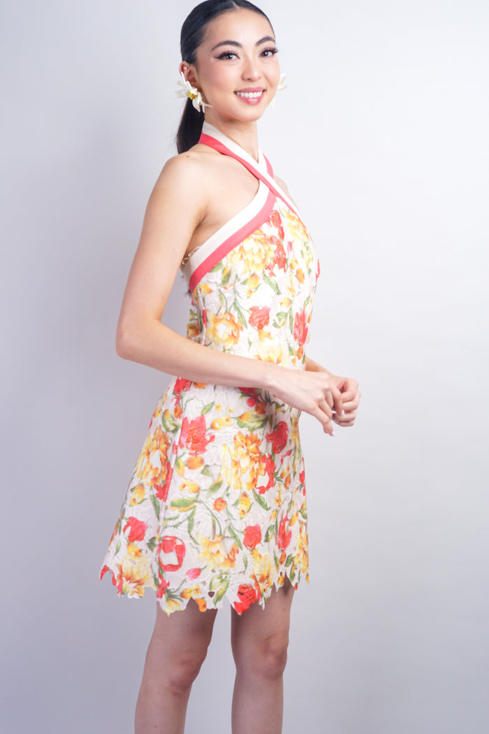 Ivory Coral Stripe Halter Yellow Floral  Guipure Lace  Dress