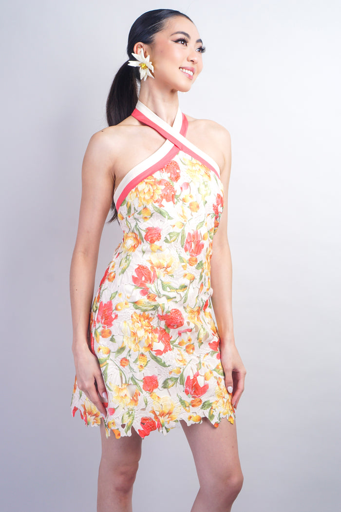 Ivory Coral Stripe Halter Yellow Floral  Guipure Lace  Dress