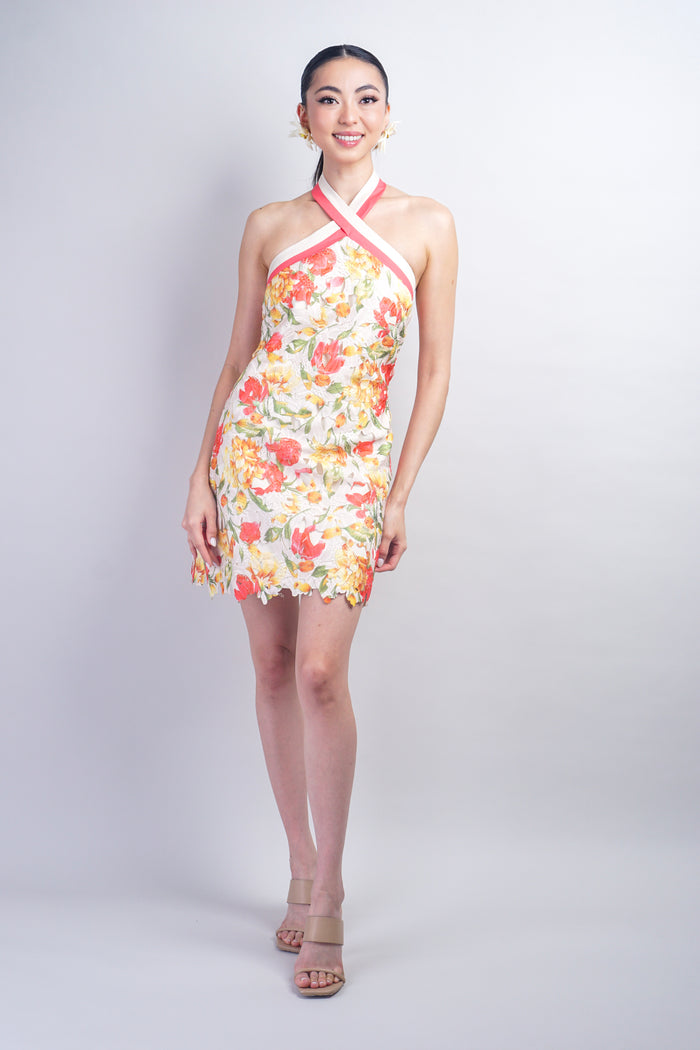 Ivory Coral Stripe Halter Yellow Floral  Guipure Lace  Dress