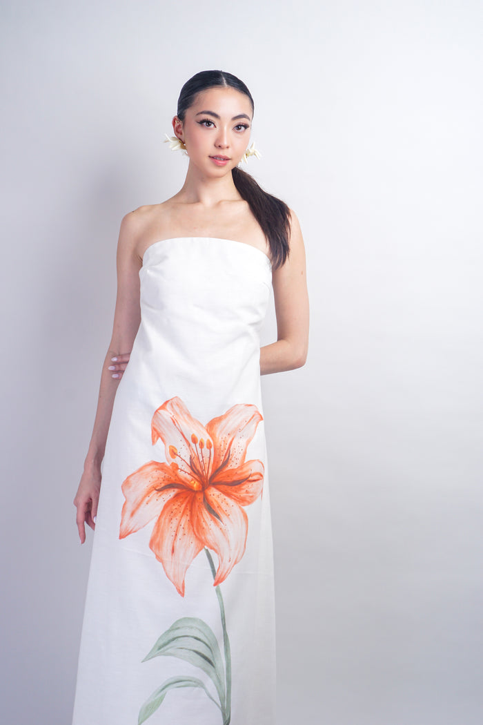 Ivory Strapless Flower Linen Maxi Dress