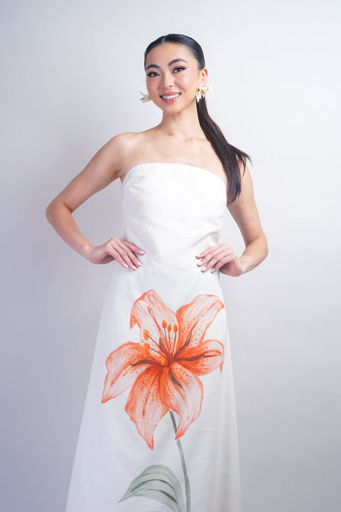 Ivory Strapless Flower Linen Maxi Dress