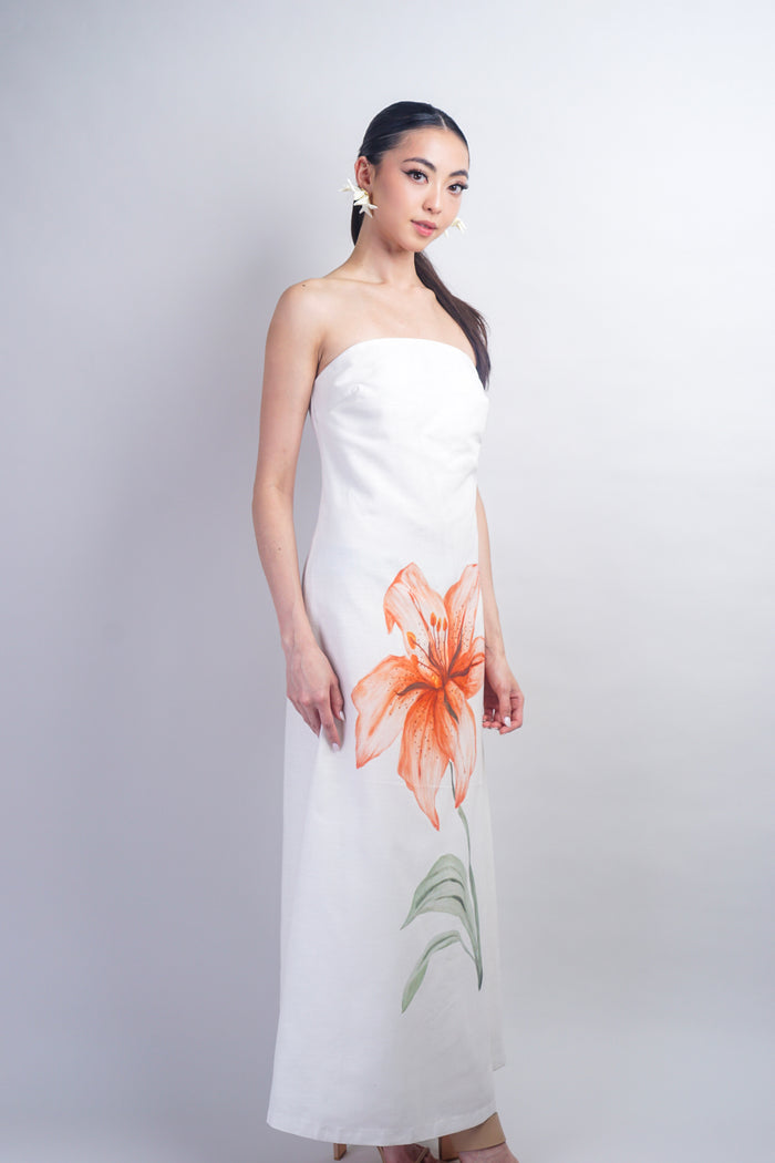 Ivory Strapless Flower Linen Maxi Dress