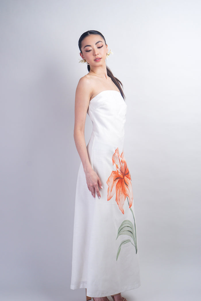 Ivory Strapless Flower Linen Maxi Dress