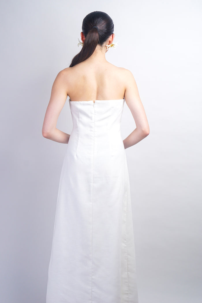 Ivory Strapless Flower Linen Maxi Dress