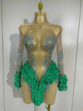 2026 New Sparkly Rhinestone Ruffled Long Sleeves See-Through Mini Dress Women Birthday Eveing Party Sexy Nightclub Stage Costume