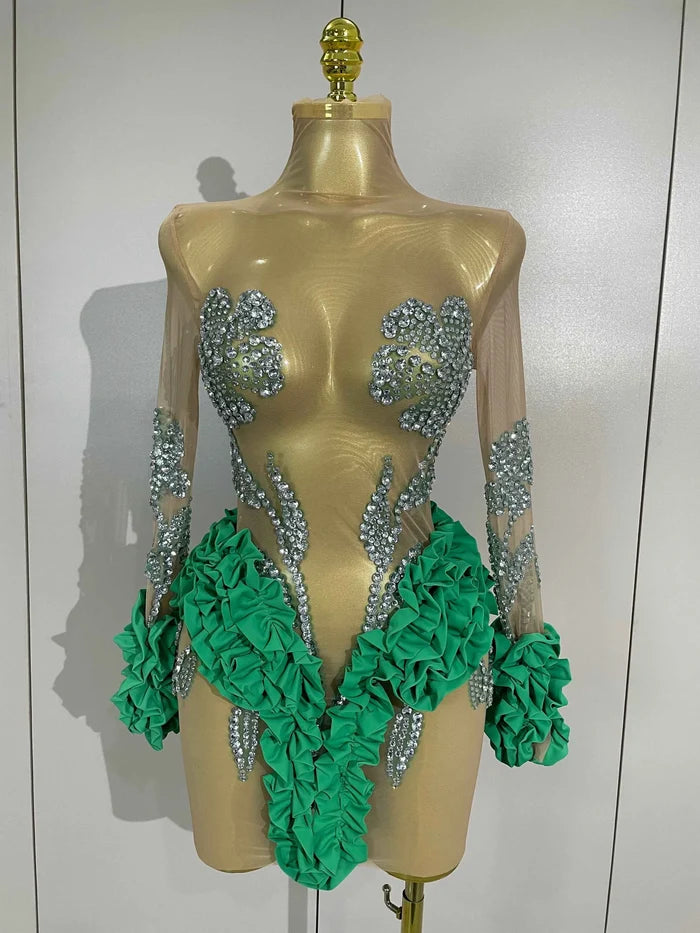 2026 New Sparkly Rhinestone Ruffled Long Sleeves See-Through Mini Dress Women Birthday Eveing Party Sexy Nightclub Stage Costume
