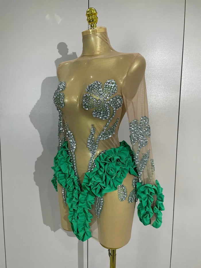 2026 New Sparkly Rhinestone Ruffled Long Sleeves See-Through Mini Dress Women Birthday Eveing Party Sexy Nightclub Stage Costume