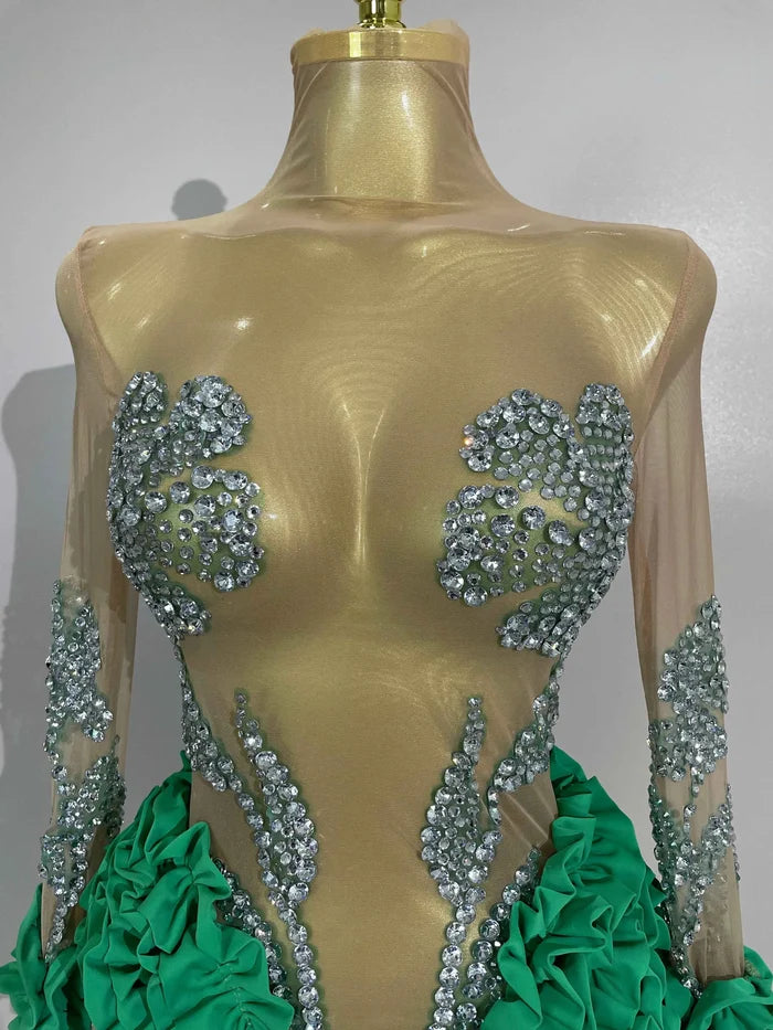 2026 New Sparkly Rhinestone Ruffled Long Sleeves See-Through Mini Dress Women Birthday Eveing Party Sexy Nightclub Stage Costume