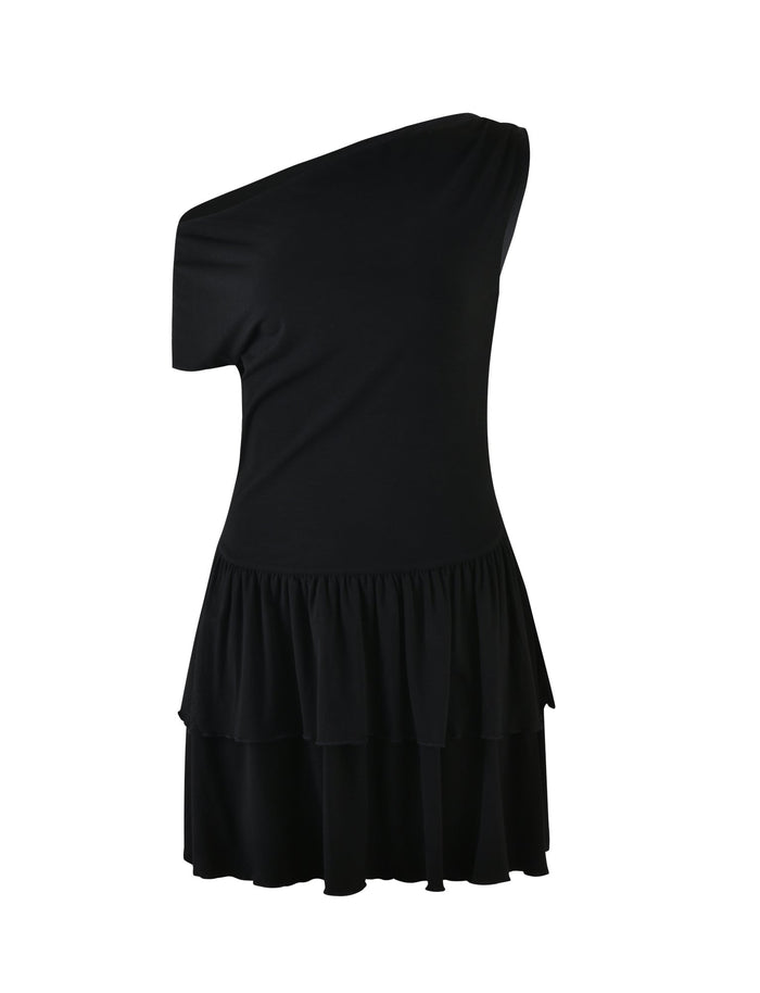 Introducing the IYANNA DRESS - BLACK from TIGERMIST, a stunning one-shoulder dress that boasts an asymmetric neckline and a sleek, fitted bodice. The skirt is designed with two tiers of ruffles, adding both volume and texture to this chic ensemble.