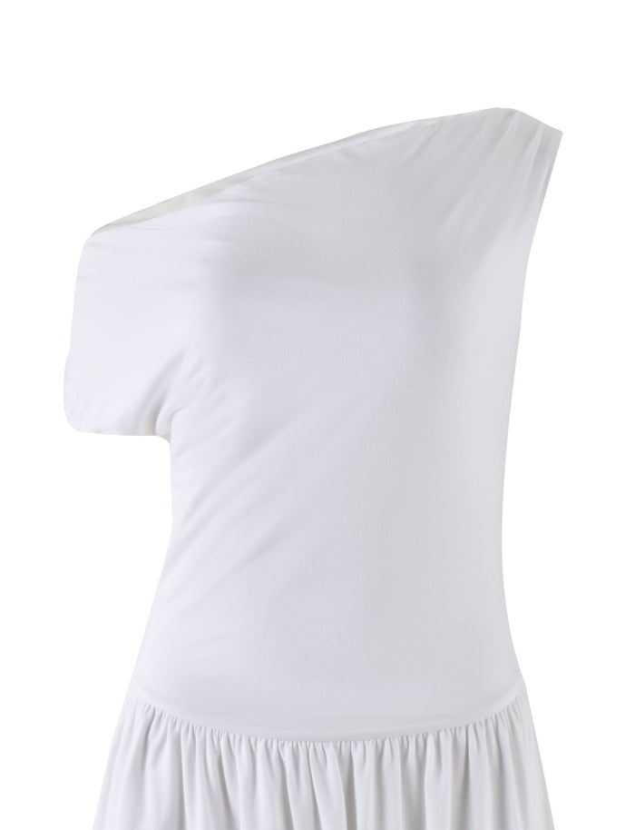 The IYANNA DRESS - WHITE : BONE by TIGERMIST is showcased on a plain background. This white one-shoulder dress features a fitted bodice and a slightly gathered skirt starting from the waist, boasting a simple, elegant design with clean lines and no visible embellishments.