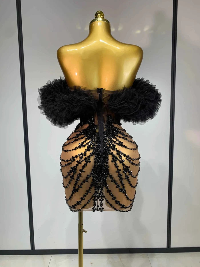 Women Sexy Strapless Backless Black Diamond Mini Dress Evening Party Birthday Costume Nightclub Singer Stage Performance Costume