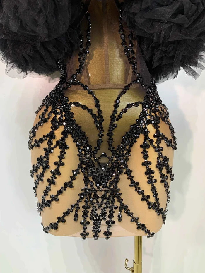 Women Sexy Strapless Backless Black Diamond Mini Dress Evening Party Birthday Costume Nightclub Singer Stage Performance Costume
