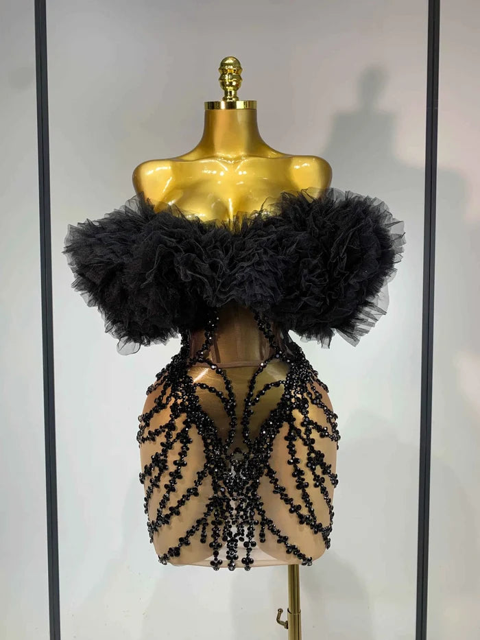 Women Sexy Strapless Backless Black Diamond Mini Dress Evening Party Birthday Costume Nightclub Singer Stage Performance Costume
