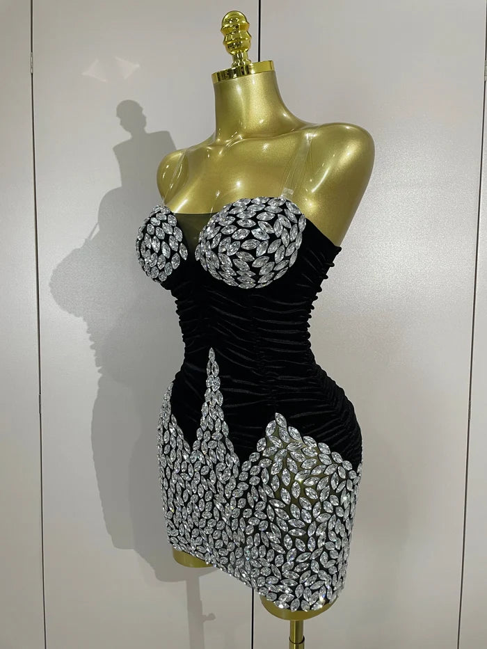 Jade sparkly diamonds black mesh velvet short dress – elegant birthday, evening party, and performance outfit.
