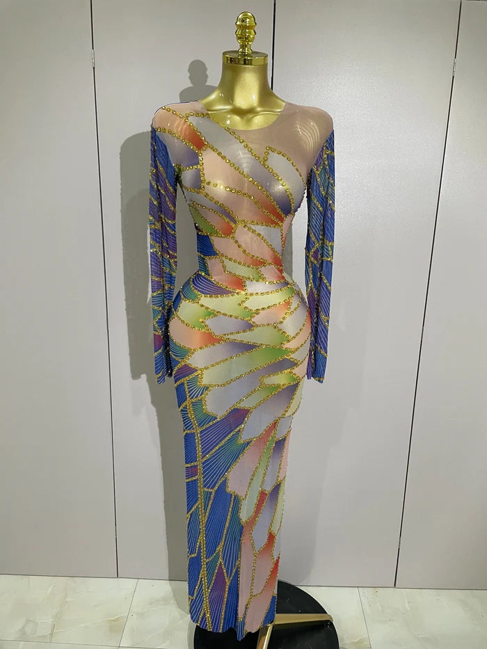 Jamie luxury sparkly rhinestone sheer mesh long dress with stretchy bodycon fit for evening party and stage wear