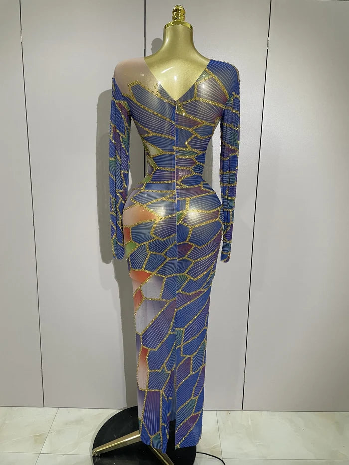 Jamie luxury sparkly rhinestone sheer mesh long dress with stretchy bodycon fit for evening party and stage wear