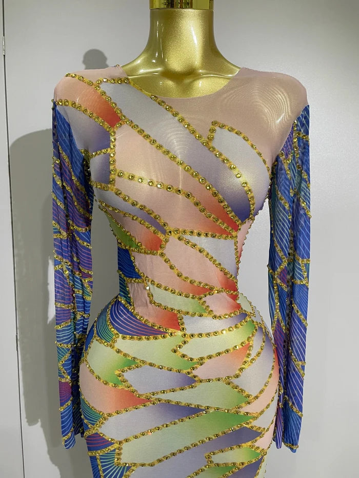 Jamie luxury sparkly rhinestone sheer mesh long dress with stretchy bodycon fit for evening party and stage wear