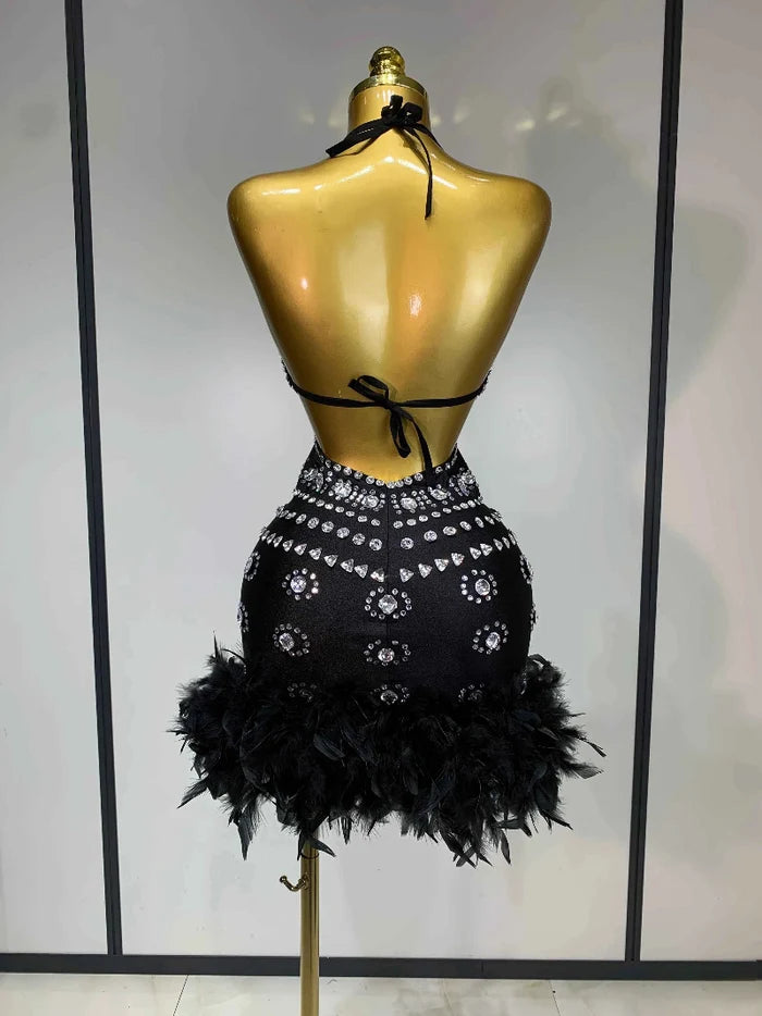 Women Sexy Halter Crystal Feathers Bodycon Mini Dress Nightclub Performance Stage Outfit Luxury Birthday Photo Shoot Dress