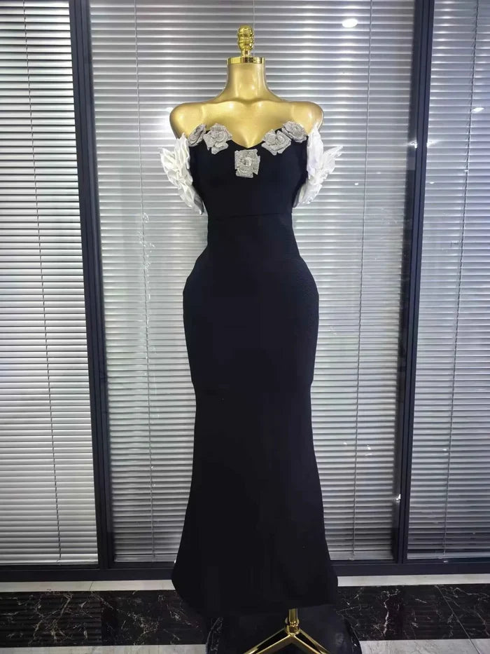 Janella Strapless Floral Rhinestone Bodycon Bandage Maxi Dress