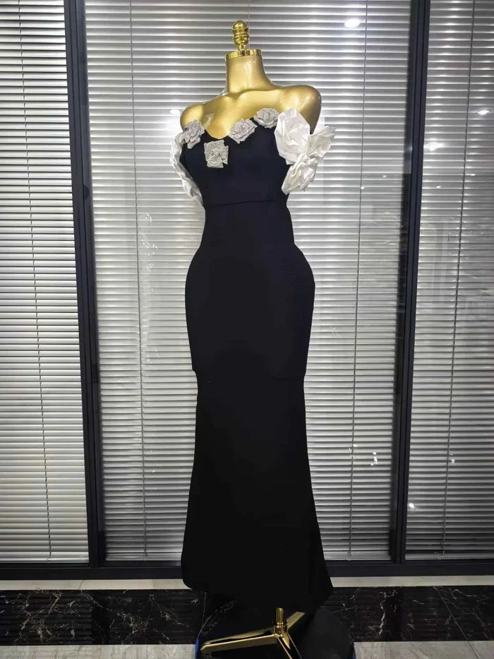 Janella Strapless Floral Rhinestone Bodycon Bandage Maxi Dress