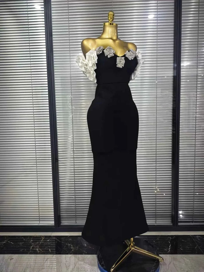 Janella Strapless Floral Rhinestone Bodycon Bandage Maxi Dress
