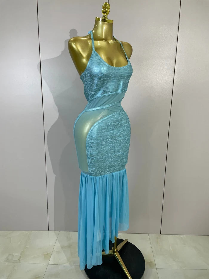 Janet V neck mesh patchwork bodycon bandage dress for women. Elegant party dress for birthdays, weddings, and evening events.