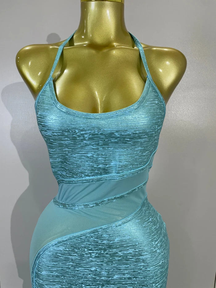Janet V neck mesh patchwork bodycon bandage dress for women. Elegant party dress for birthdays, weddings, and evening events.