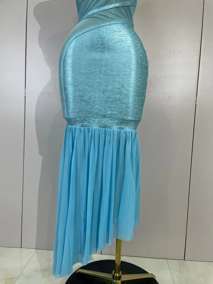 Janet V neck mesh patchwork bodycon bandage dress for women. Elegant party dress for birthdays, weddings, and evening events.