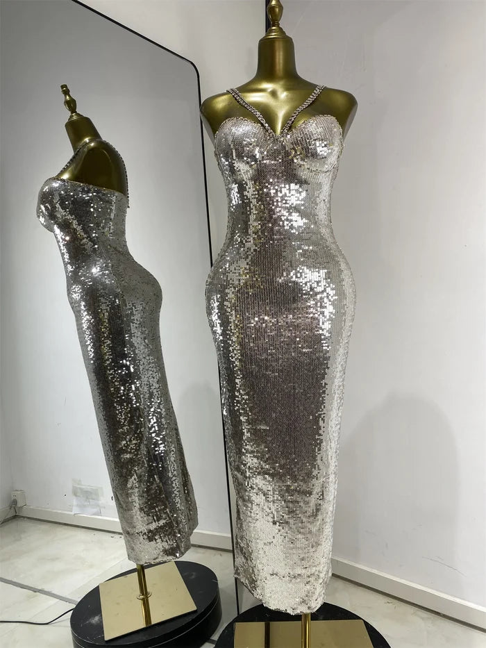 Janine glitter sequin slim fit luxury cocktail dress for women. Elegant party gown for birthdays, homecoming, and evening events.