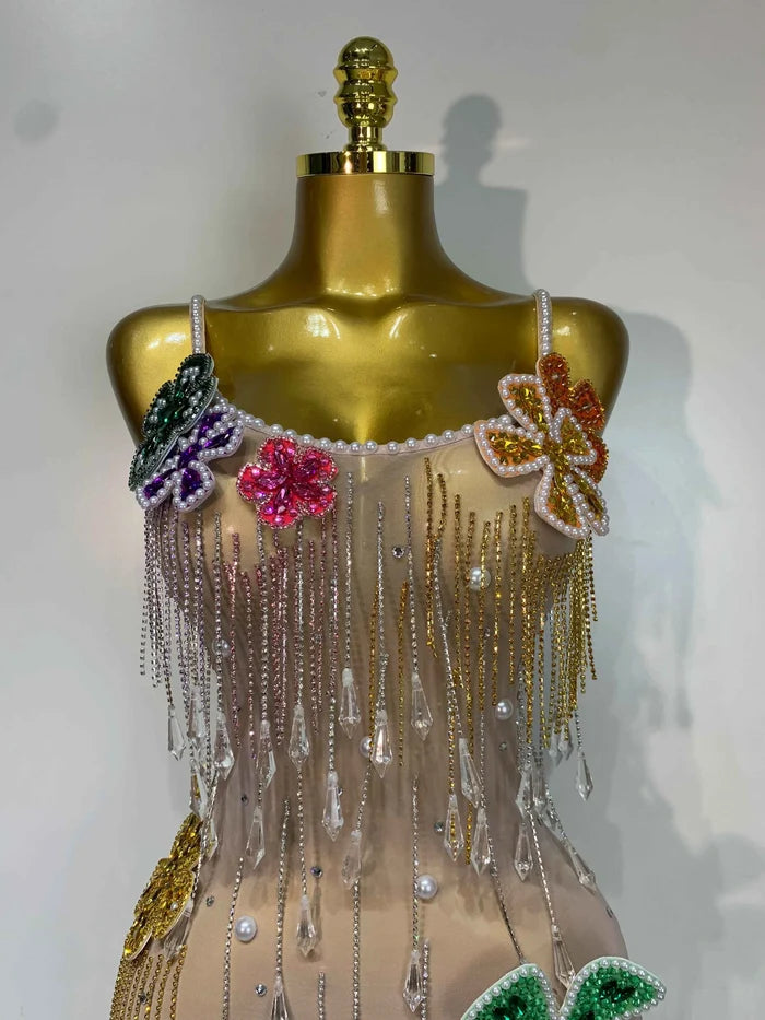 Janine Sparkly Rhinestone & Pearl Two-Piece Set for Women | Sexy Transparent Top and Mini Skirt Party Outfit