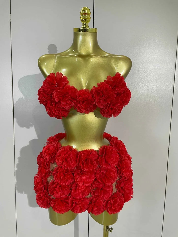 Jaslyn Red 3D Flowers Top Mini Dress Two Piece Set