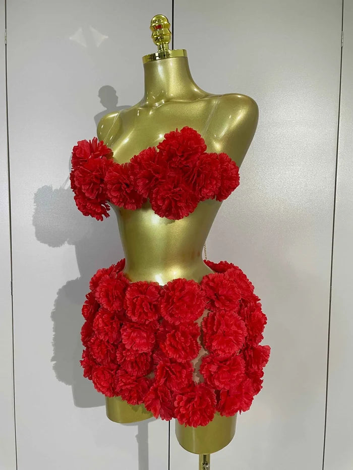 Jaslyn Red 3D Flowers Top Mini Dress Two Piece Set