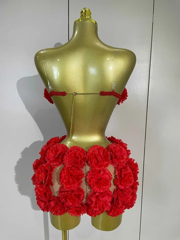 Jaslyn Red 3D Flowers Top Mini Dress Two Piece Set