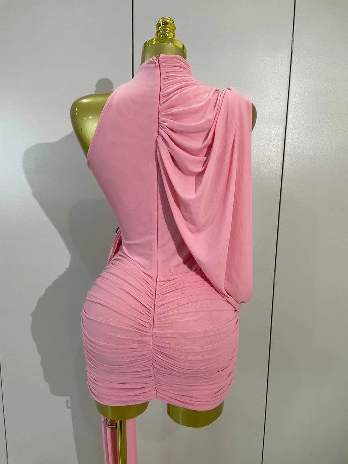 Jenika Off Shoulder Ruched Mesh Tassel Bodycon Mini Dress
