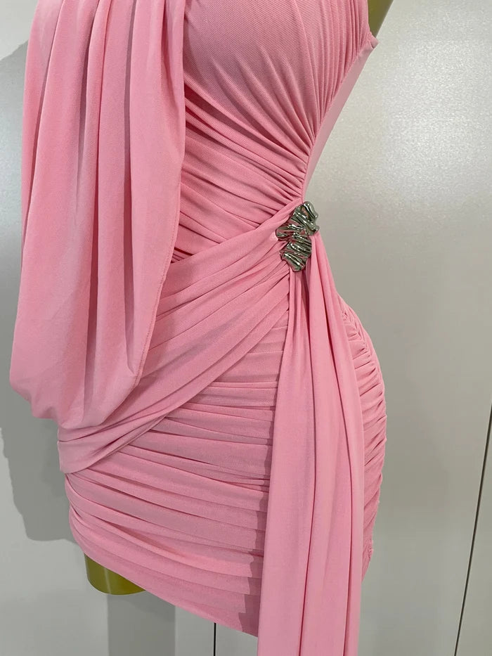 Jenika off shoulder ruched mesh tassel bodycon mini dress for women. Elegant party outfit for prom, birthdays, and evening events.