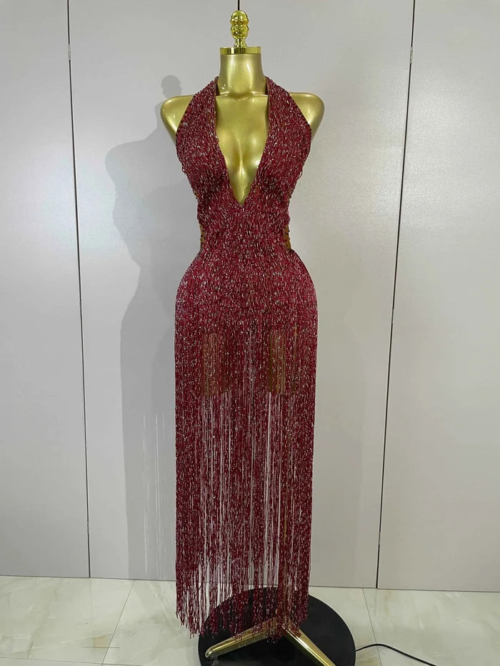 Jessa Rhinestone Tassel Mesh Stretch Performance Bodysuit
