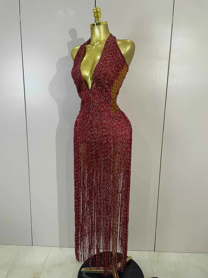 Jessa Rhinestone Tassel Mesh Stretch Performance Bodysuit