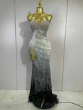 Jini Sexy Side Split Diamond Pearl Tassel Mesh Long Dress