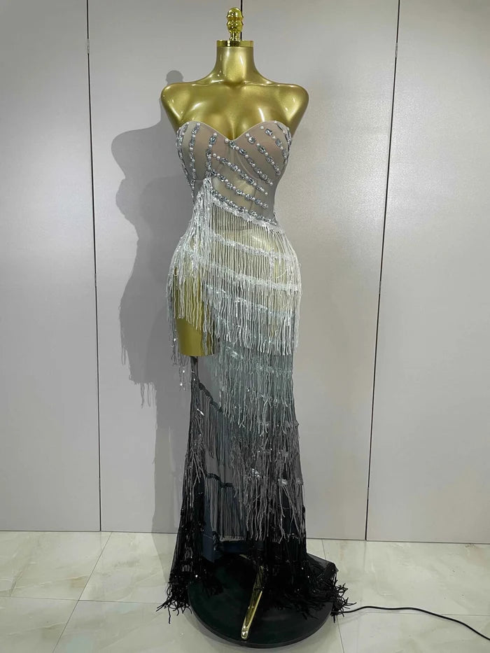 Jini Sexy Side Split Diamond Pearl Tassel Mesh Long Dress