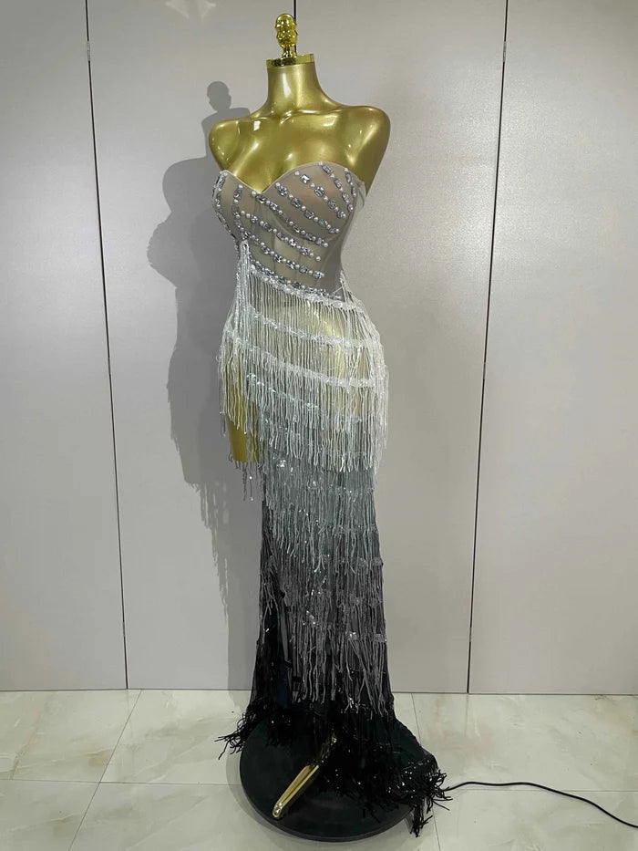 Jini Sexy Side Split Diamond Pearl Tassel Mesh Long Dress
