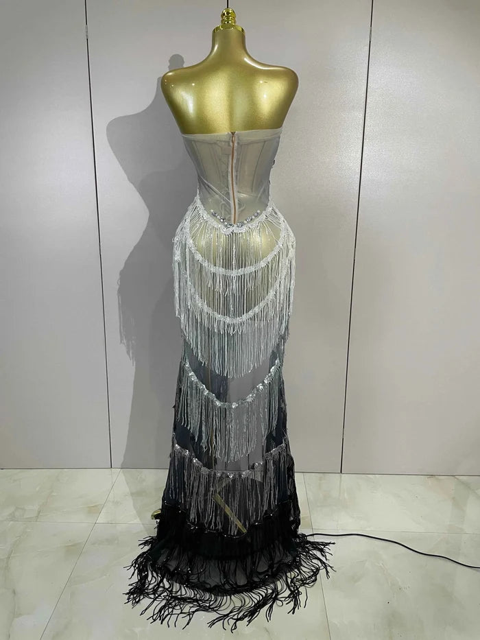 Jini Sexy Side Split Diamond Pearl Tassel Mesh Long Dress